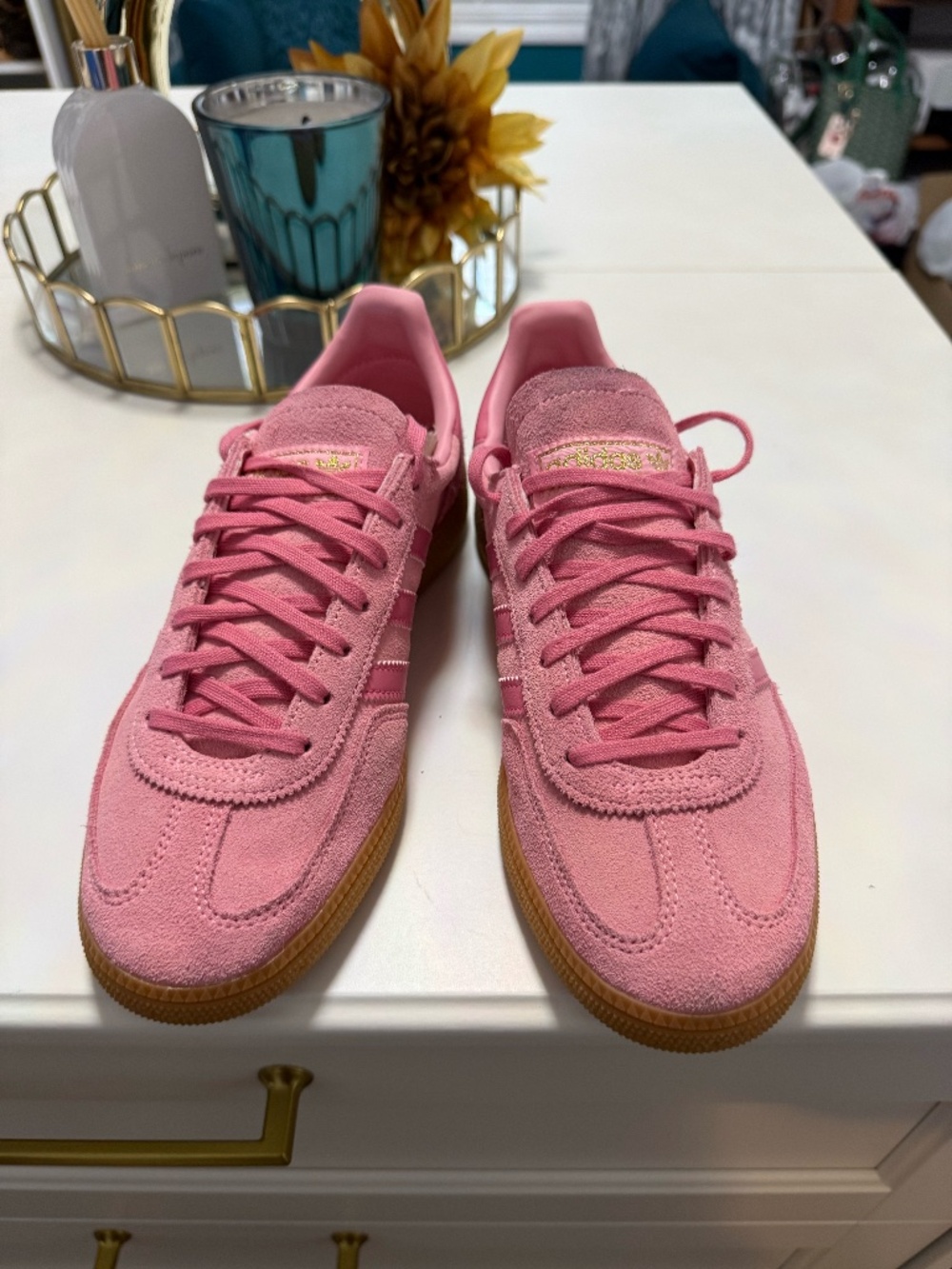 Women Adidas Handball Special J in glow pink/rose tone; size 7.